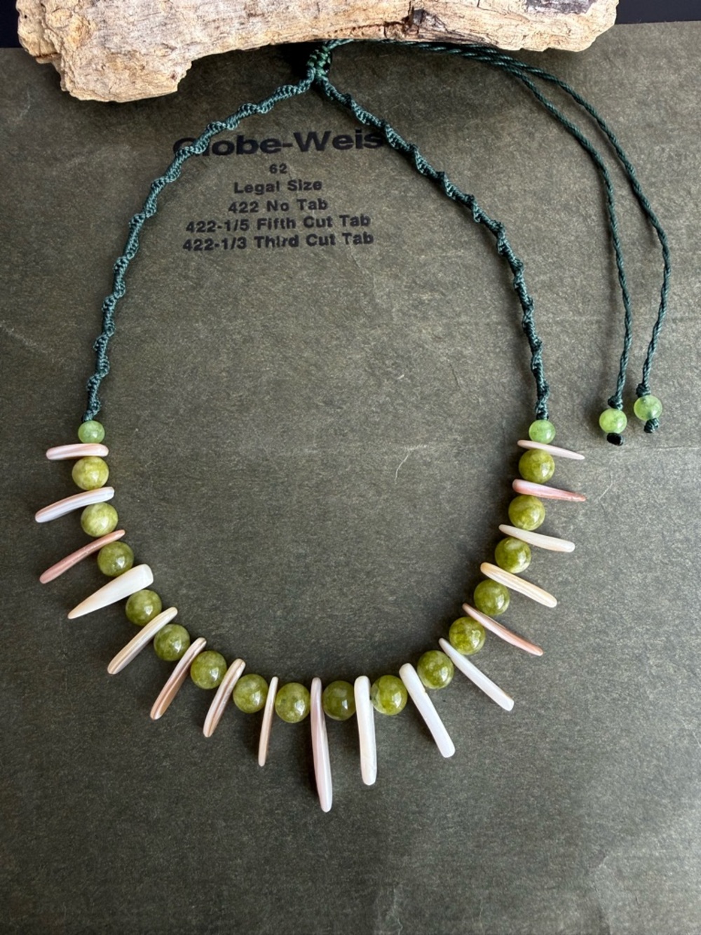 Handmade Green Bead and Pink Shell Spike Necklace